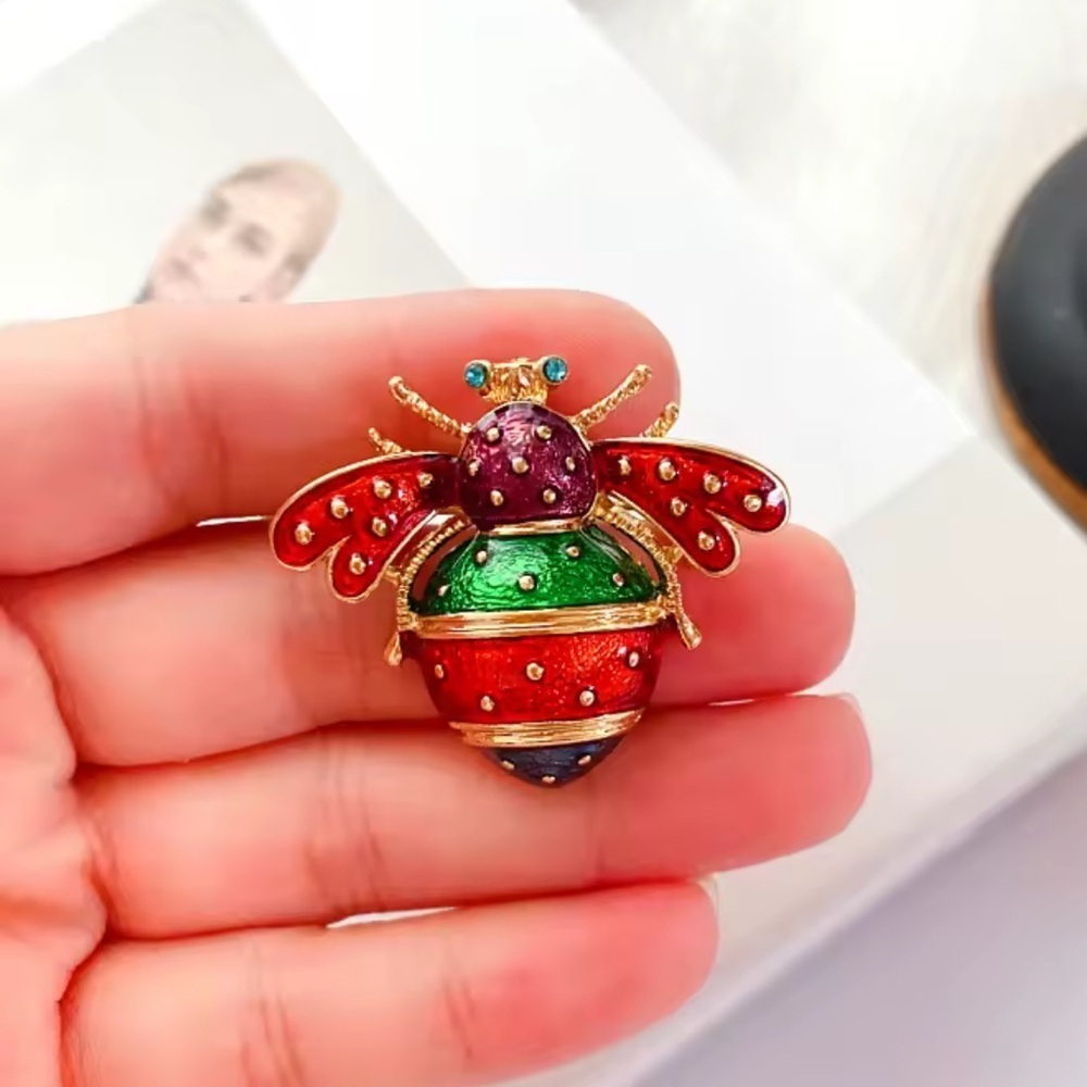 Vintage Red Bee Gold Brooch